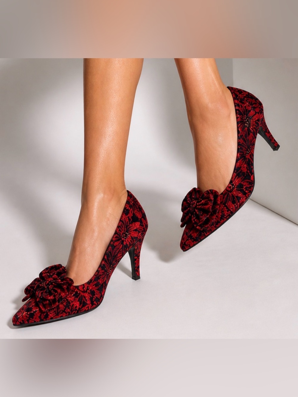 Antonio da Positano Heels Red Black Floral Brocade Bow Pumps Italy Sexy Lux 10